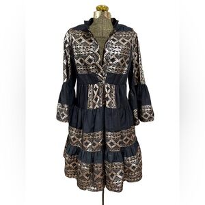 Lace The Label Black Gold Boho Tiered Mini Dress Bell Sleeve Luxury Resort EUC